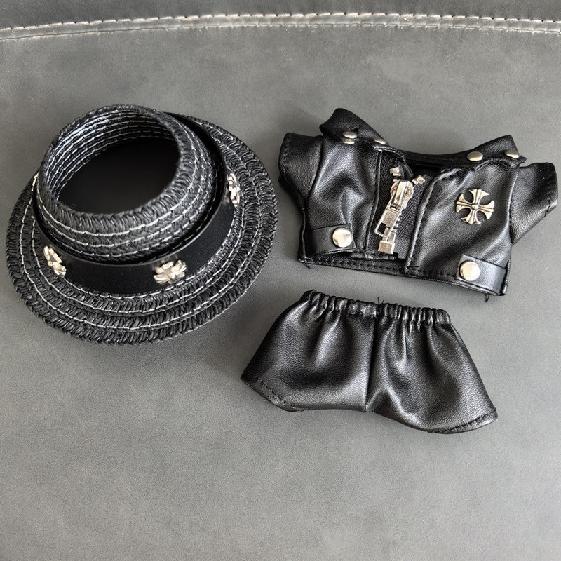 15/17Cm Labubu cloth Party Bike Jacket Cool Leather Hat Set Clothes