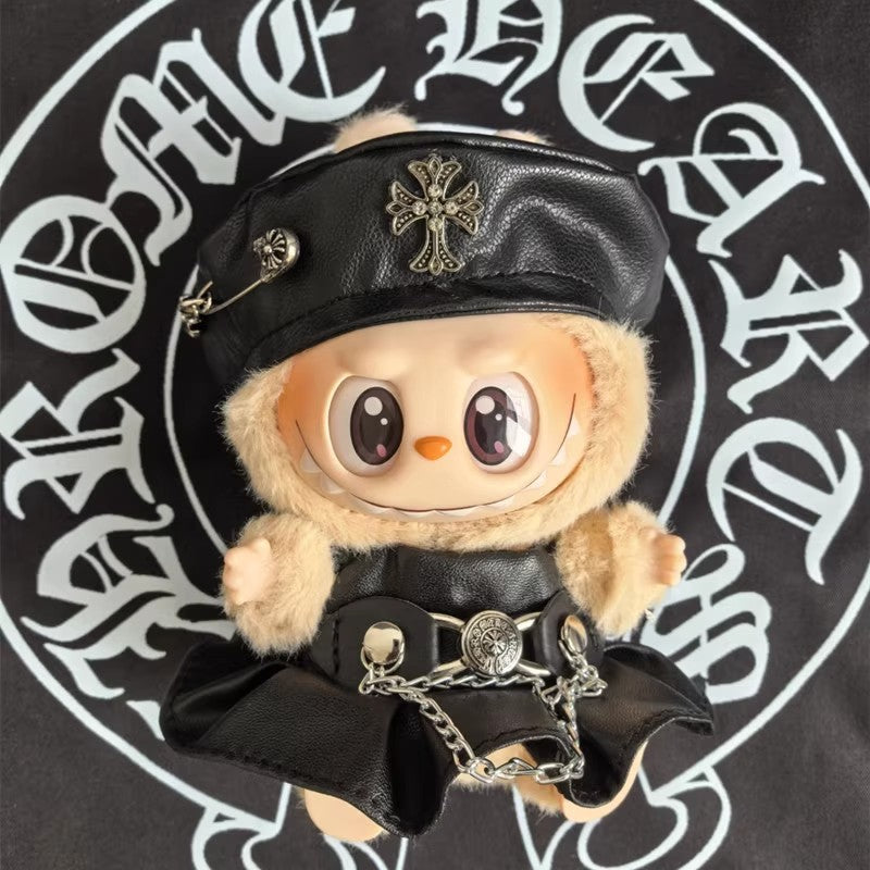 15/17Cm Labubu cloth Party Bike Jacket Cool Leather Hat Set Clothes