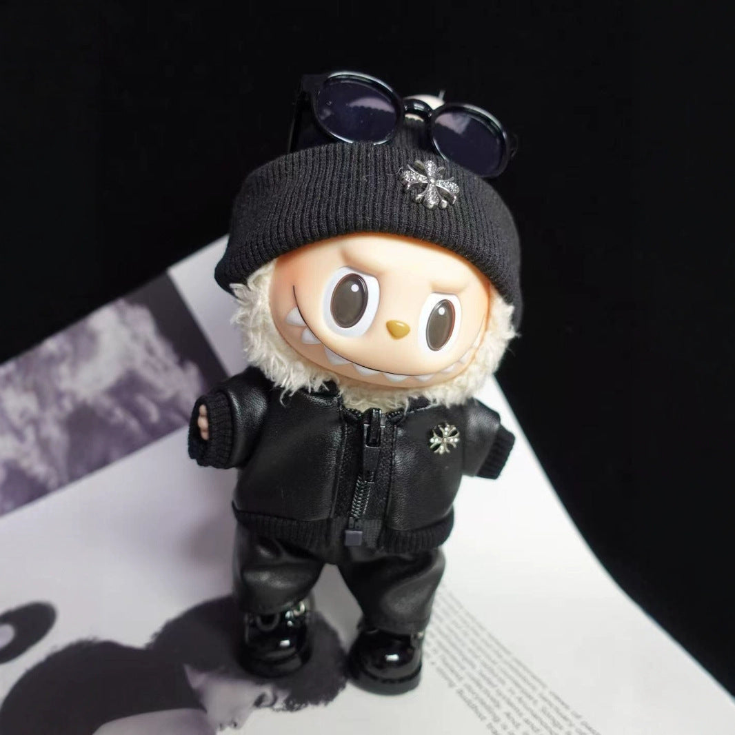 15/17Cm Labubu cloth Party Bike Jacket Cool Leather Hat Set Clothes