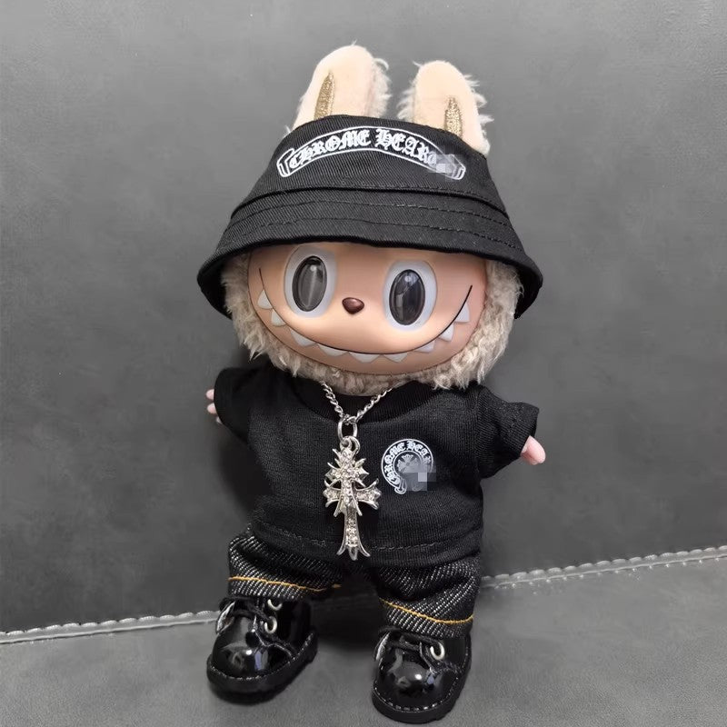 15/17Cm Labubu cloth Party Bike Jacket Cool Leather Hat Set Clothes