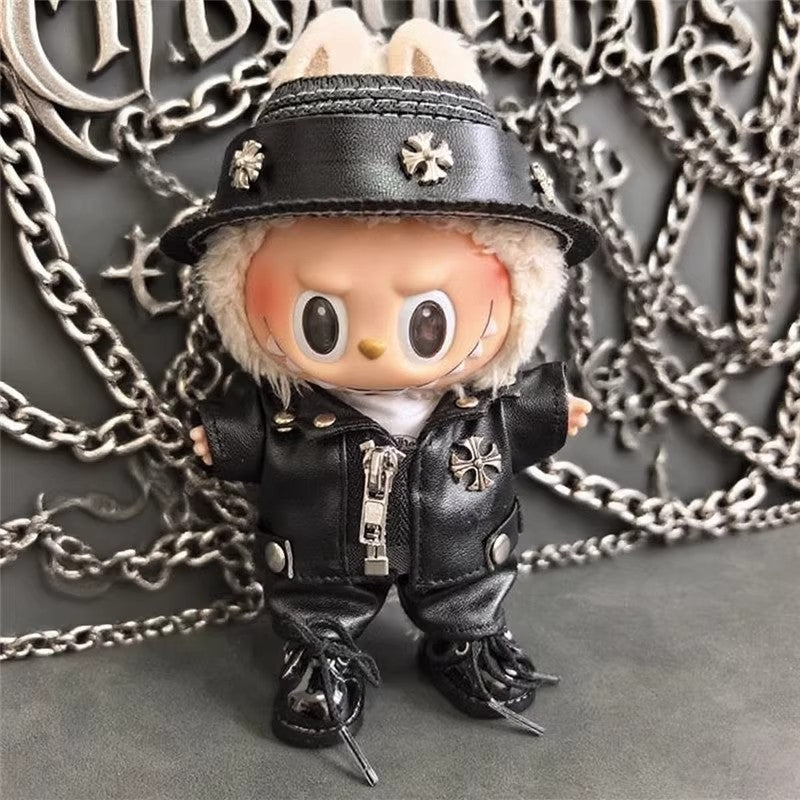 15/17Cm Labubu cloth Party Bike Jacket Cool Leather Hat Set Clothes