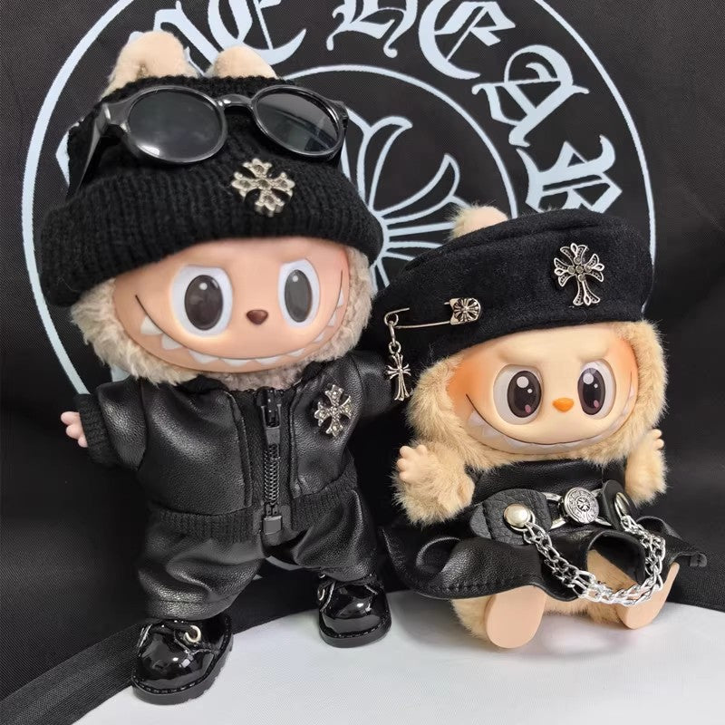 15/17Cm Labubu cloth Party Bike Jacket Cool Leather Hat Set Clothes